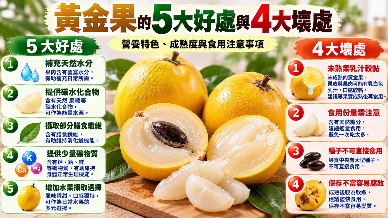 黃金果的5大好處與4大壞處及食用注意事項,金黃色黃金果與白色膠質果肉
