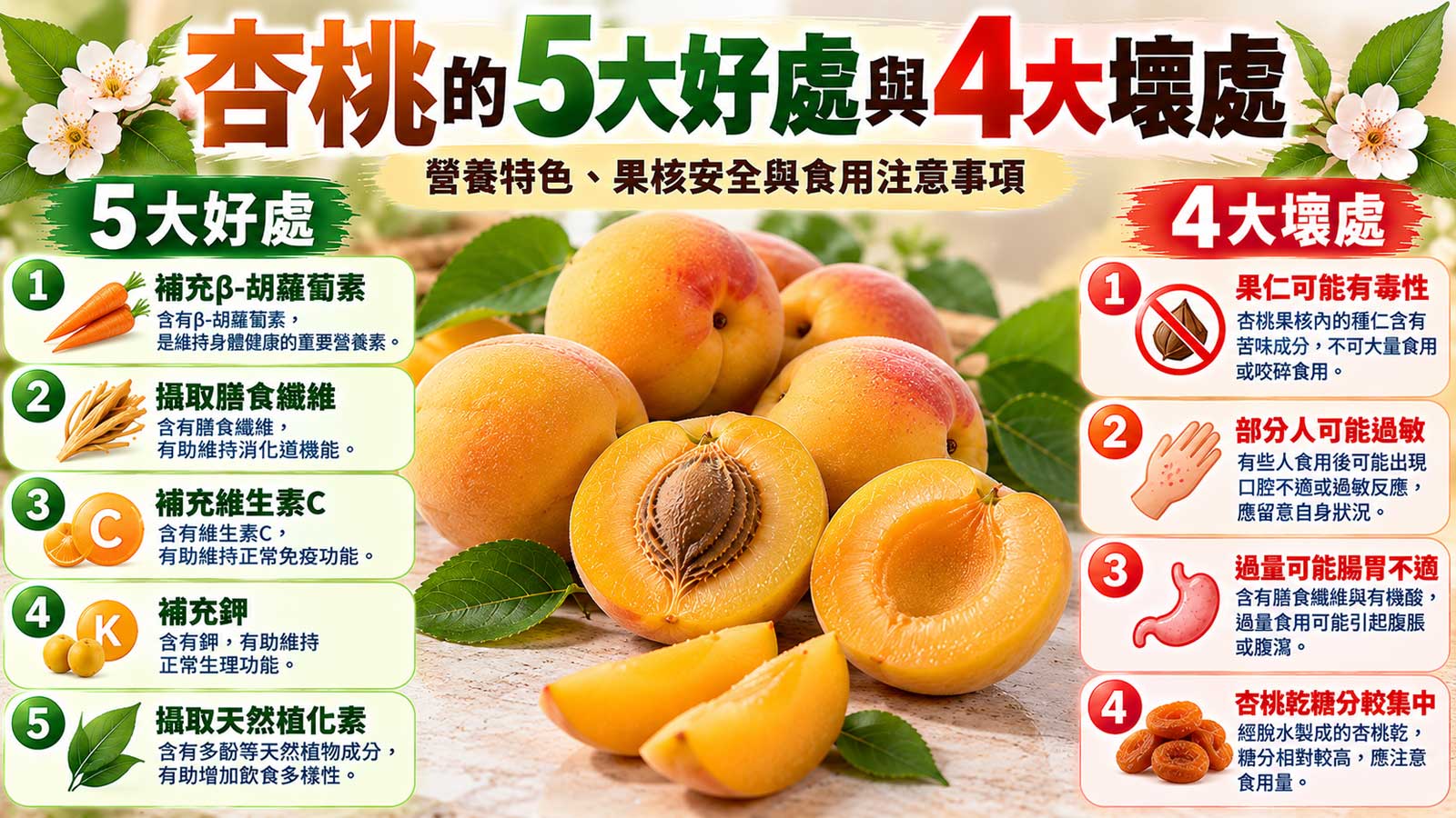 杏桃的5大好處與4大壞處，橙黃色杏桃果肉與食用注意事項