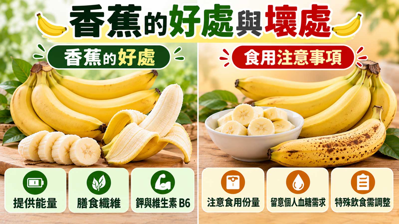 香蕉的好處與壞處，成熟黃色香蕉、營養特色及食用注意圖解