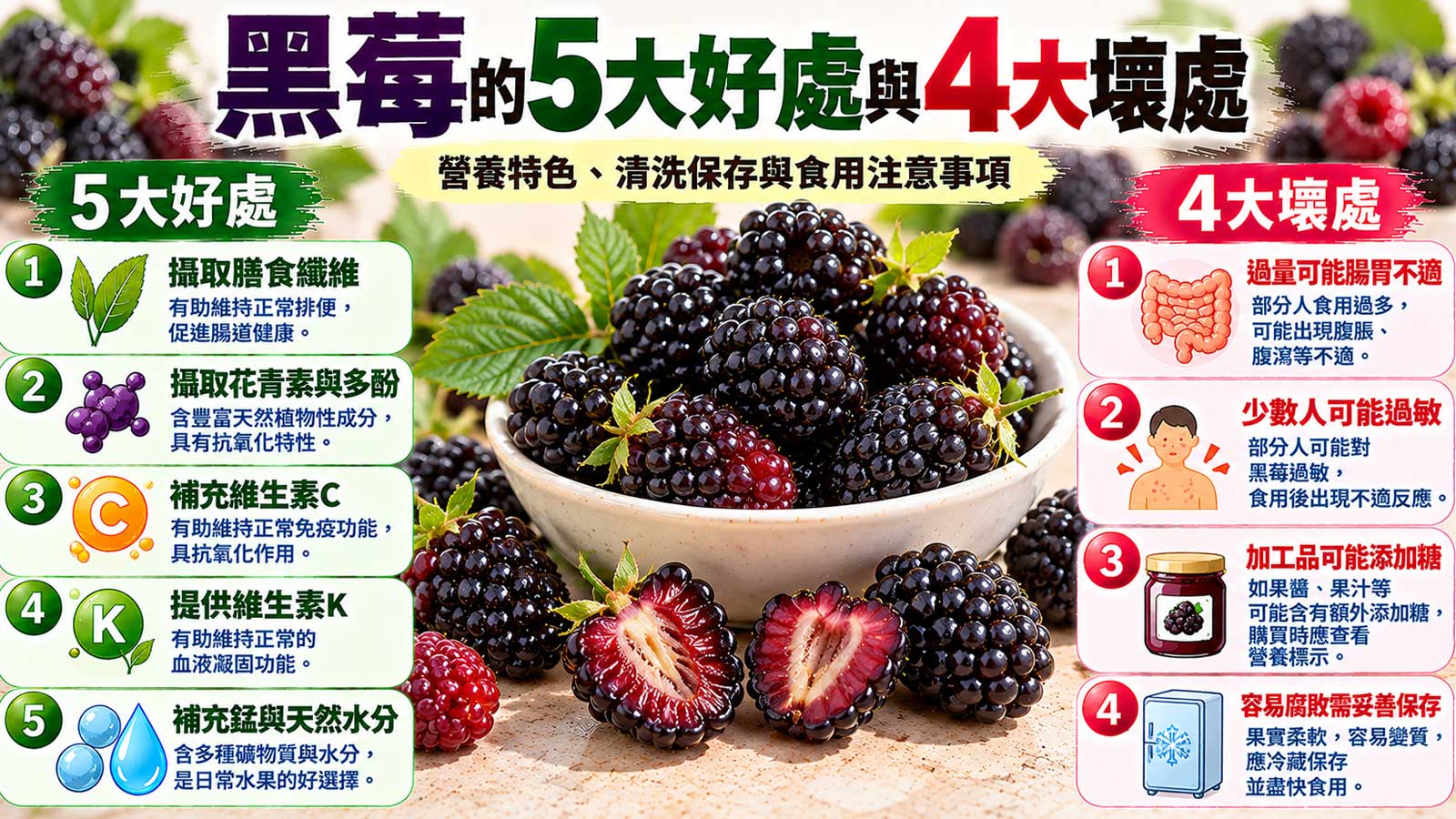 黑莓的5大好處與4大壞處及食用注意事項，深紫黑色黑莓營養與食用風險