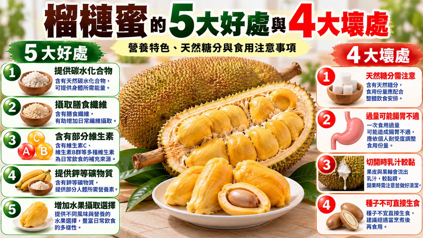 榴槤蜜的5大好處與4大壞處及食用注意事項，短鈍突起果皮與金黃色果苞