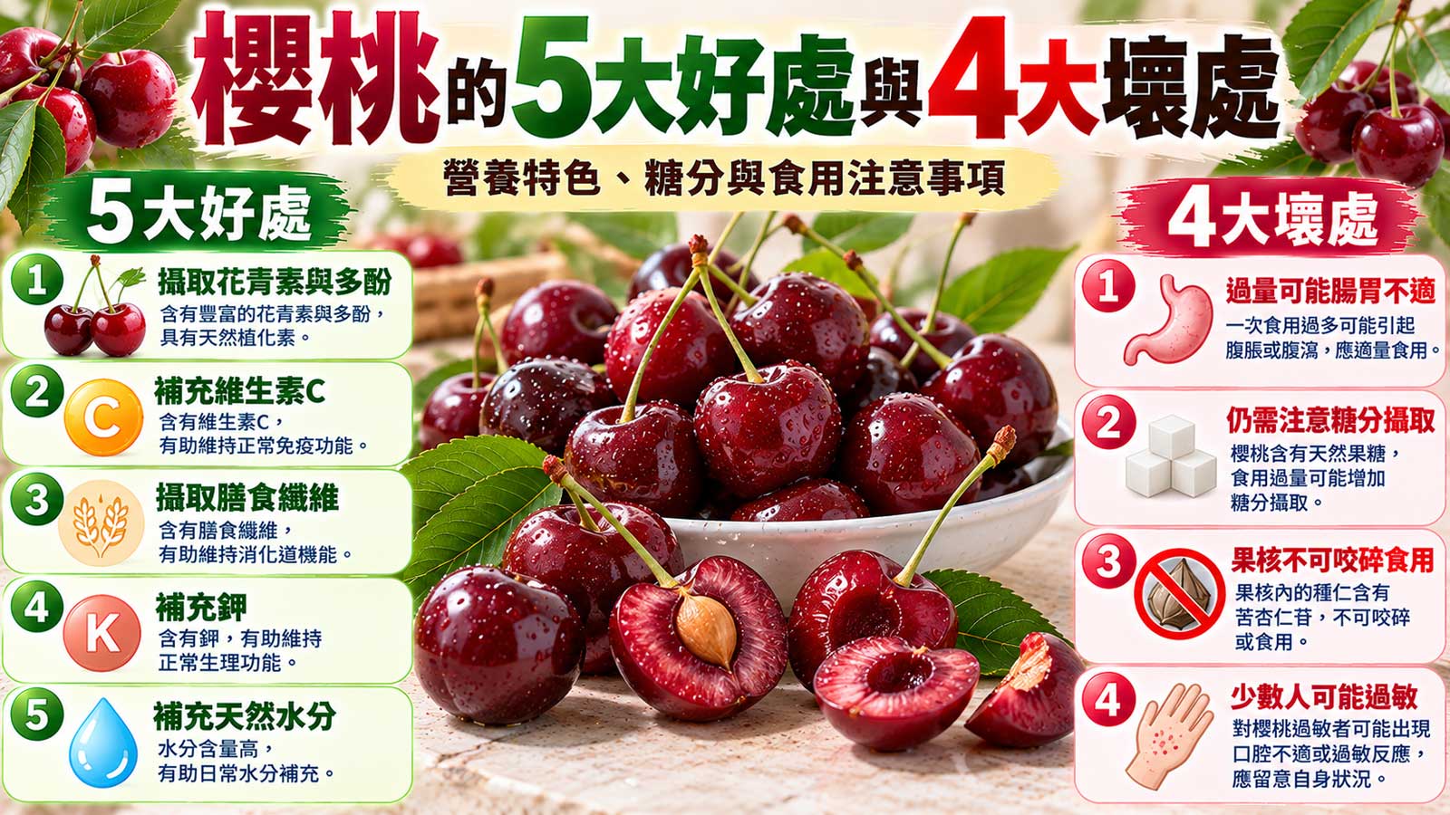 櫻桃的5大好處與4大壞處,深紅色甜櫻桃果肉與食用注意事項