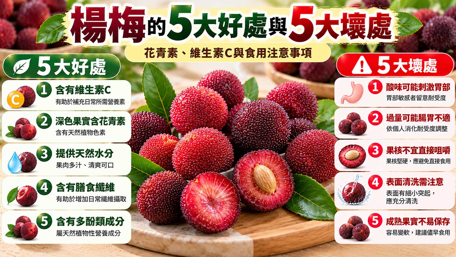 楊梅的5大好處與5大壞處及食用注意事項，紅色與紫紅色楊梅及中央果核