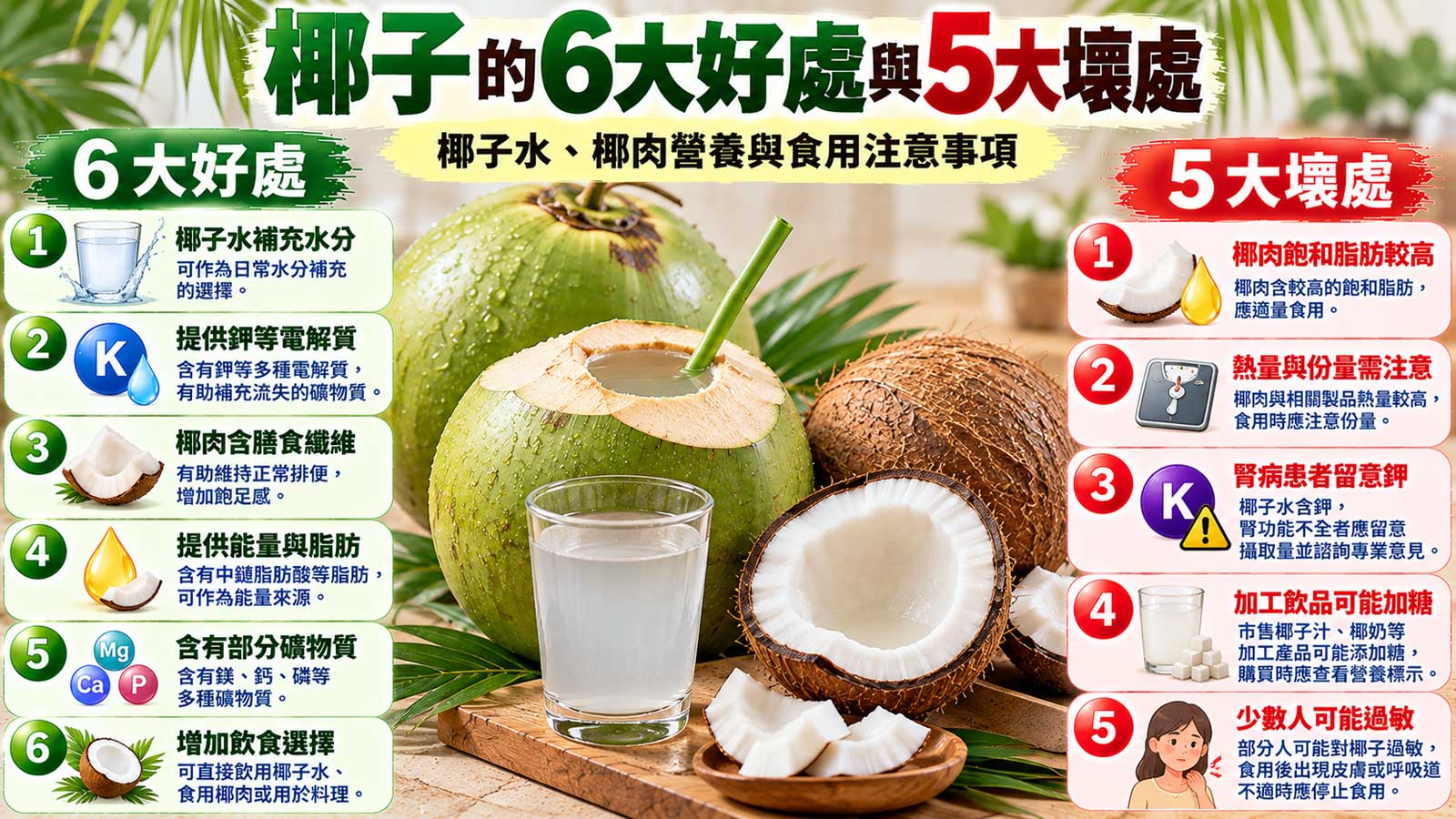 椰子的6大好處與5大壞處及食用注意事項,新鮮椰子水與椰肉營養比較