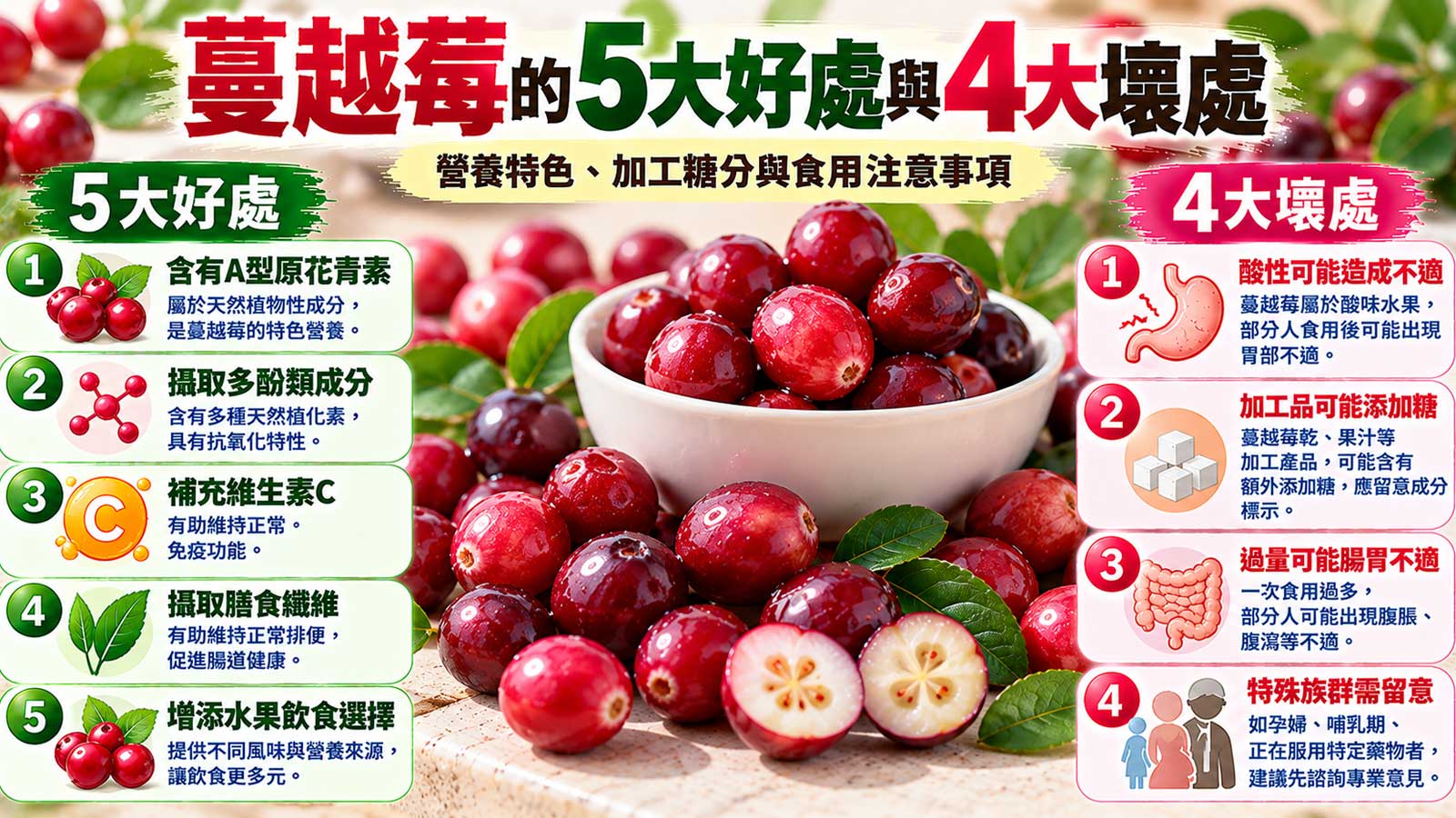 蔓越莓的5大好處與4大壞處及食用注意事項，新鮮紅色蔓越莓營養與風險