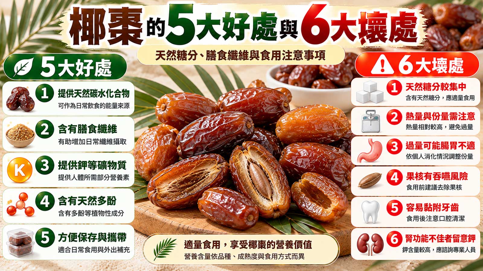 椰棗的5大好處與6大壞處及食用注意事項,深褐色成熟椰棗與細長果核
