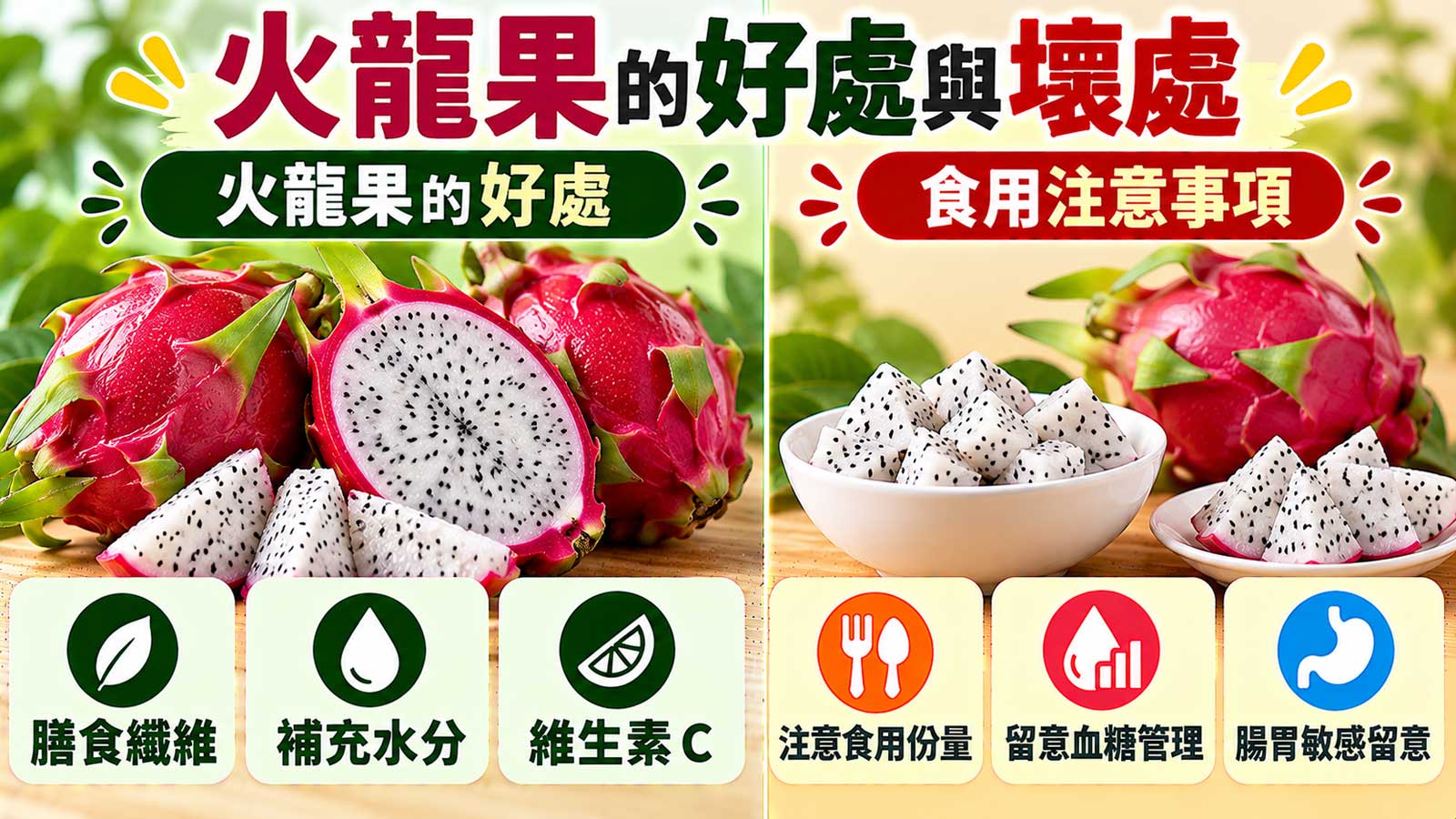 火龍果的好處與壞處，紅皮白肉與細小黑籽的營養及食用提醒