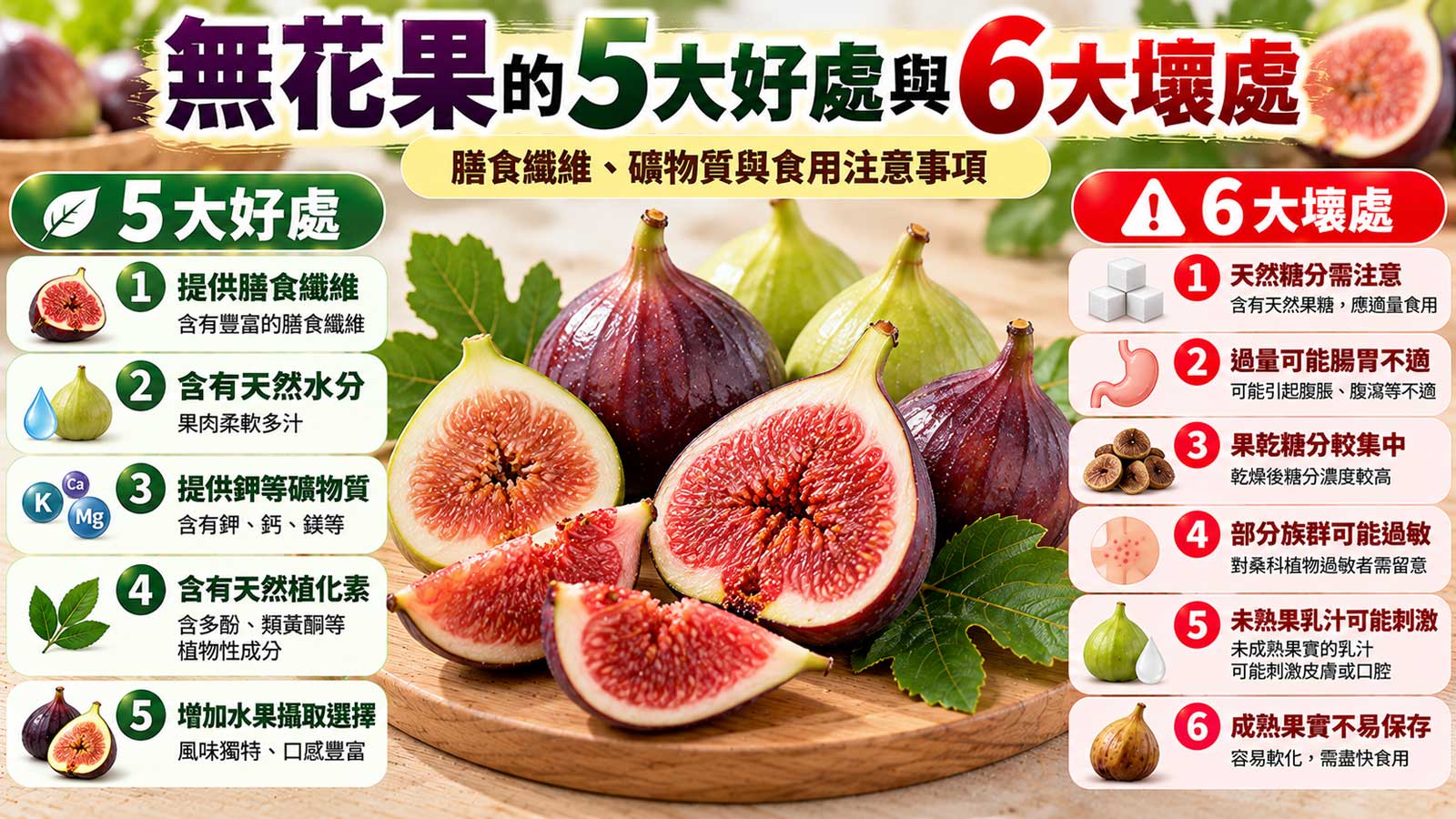無花果的5大好處與6大壞處及食用注意事項,綠色與紫色無花果及紅色細密果肉