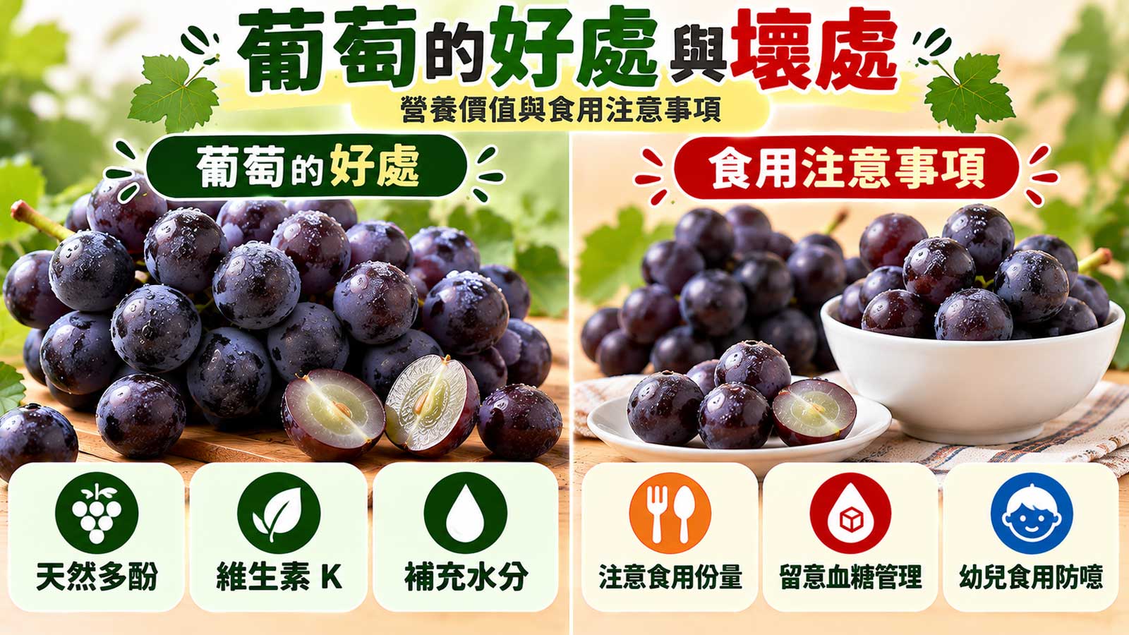 葡萄的好處與壞處,紫黑色葡萄與營養、份量、血糖及幼兒防噎提醒
