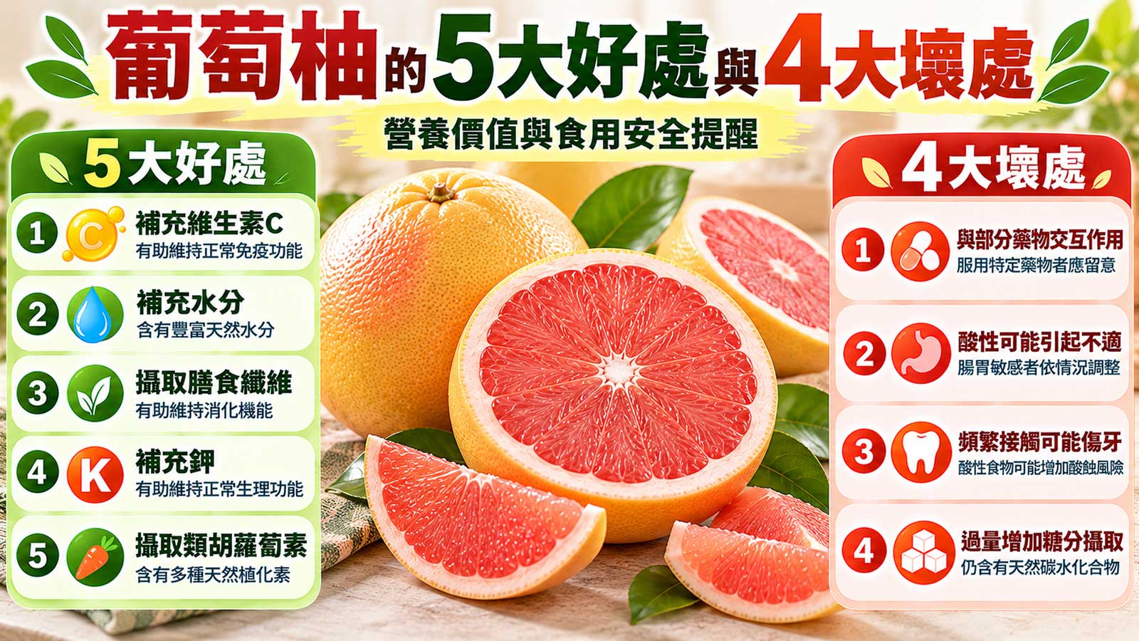 葡萄柚的5大好處與4大壞處及食用注意事項，紅肉葡萄柚營養與風險比較｜北投之家水果買賣平台