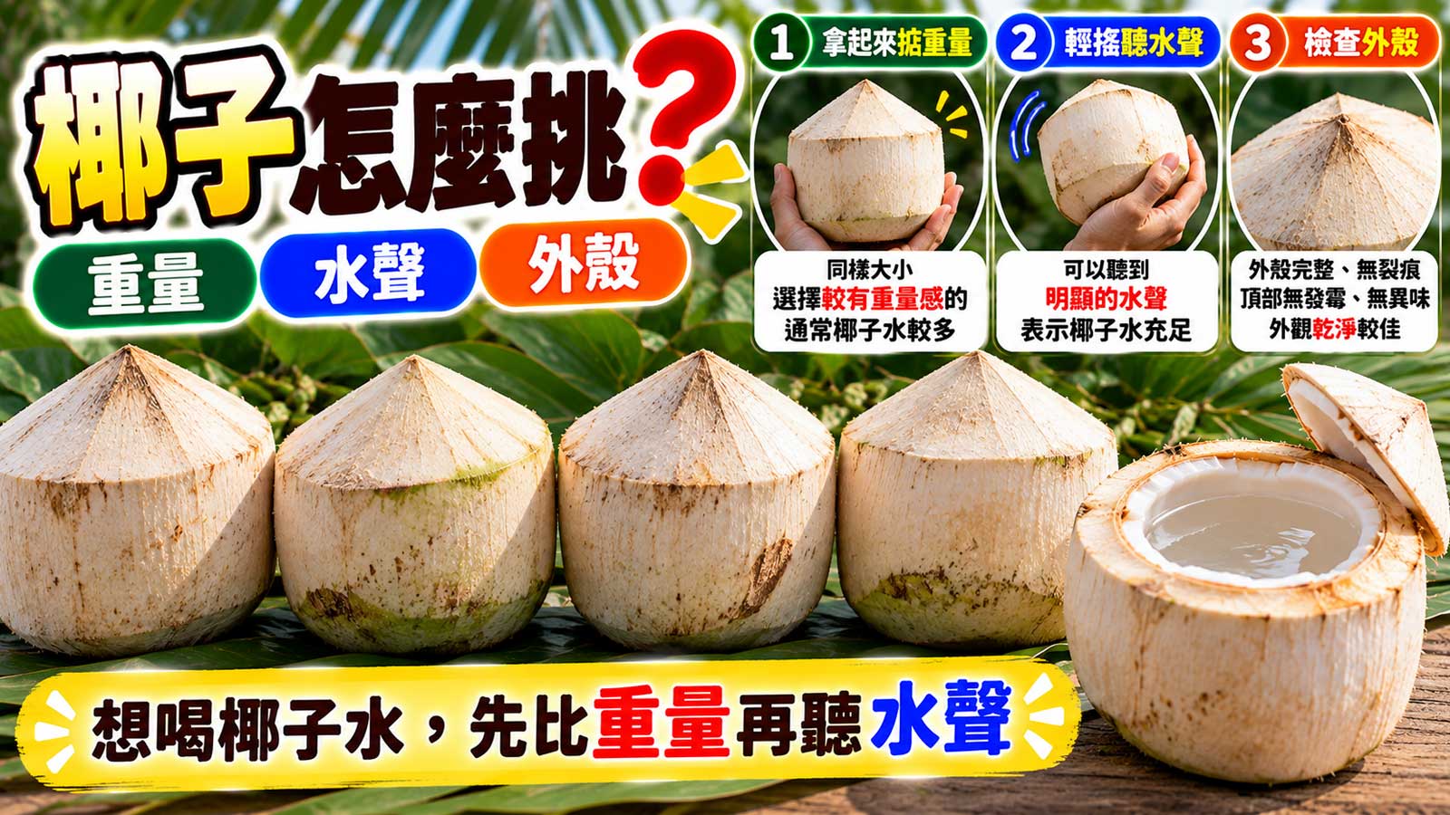 椰子重量水聲外殼椰眼與新鮮度挑選封面