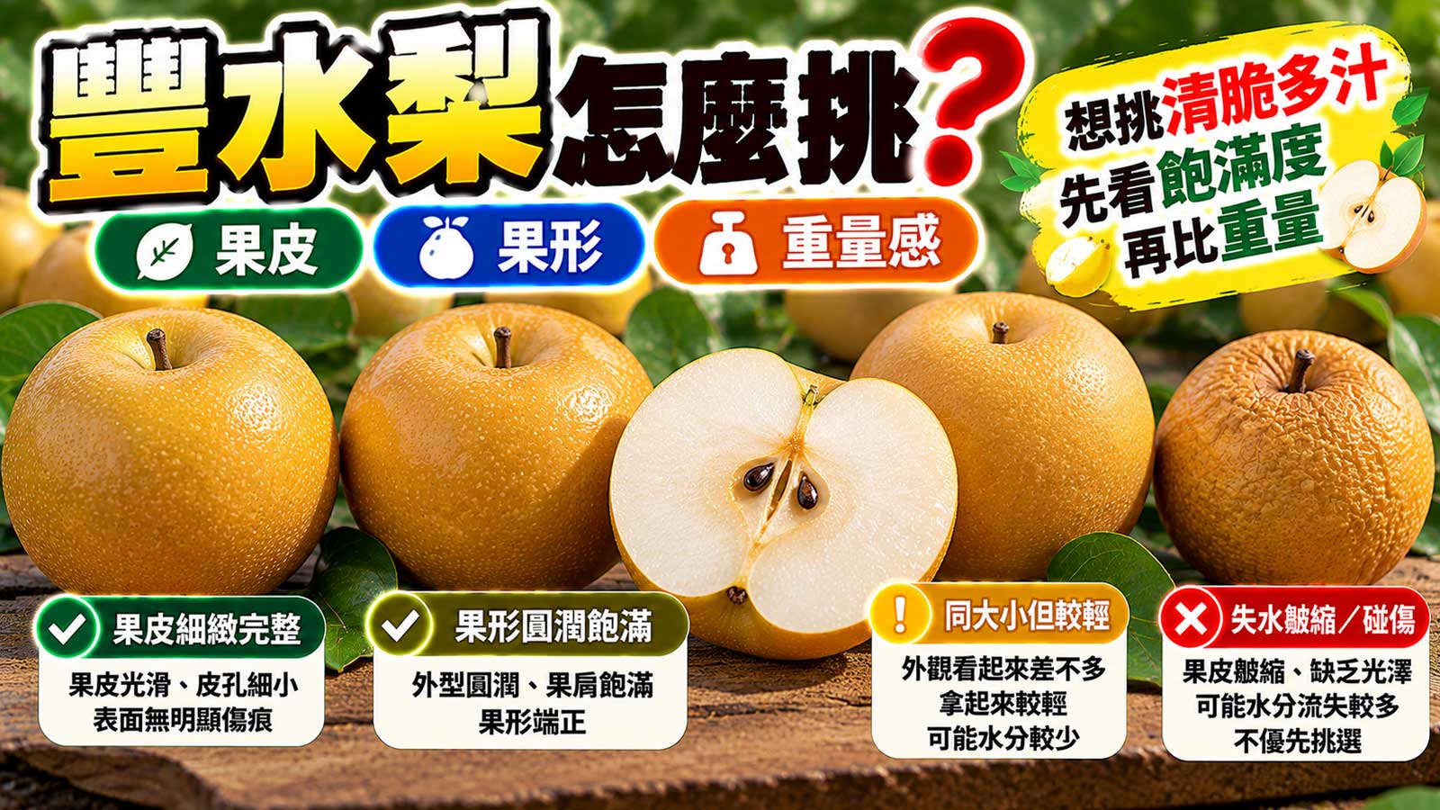 豐水梨黃褐果皮自然皮孔圓潤果形與重量挑選封面