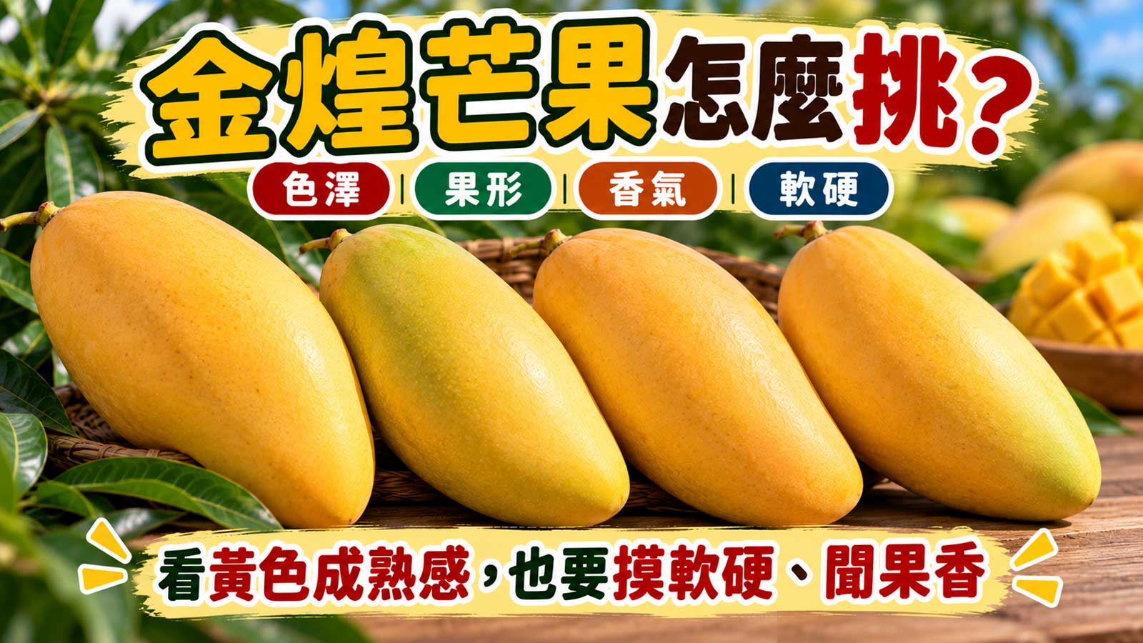 金煌芒果黃色色澤果形香氣與軟硬度挑選封面
