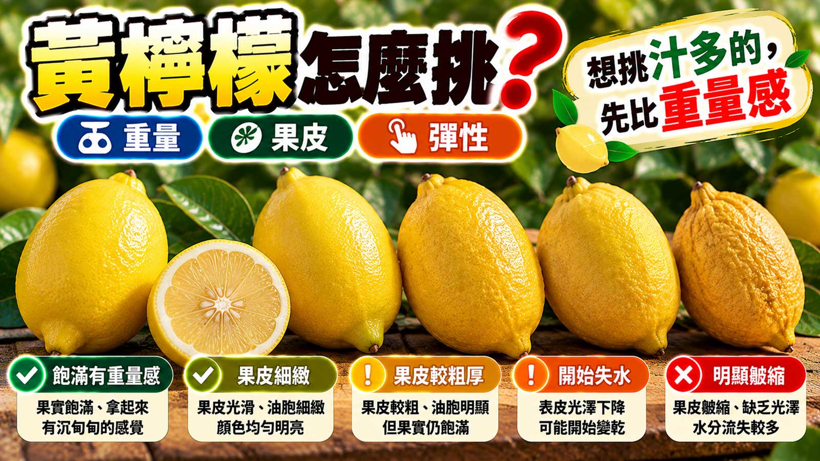 黃檸檬果皮光澤重量彈性與新鮮度挑選封面