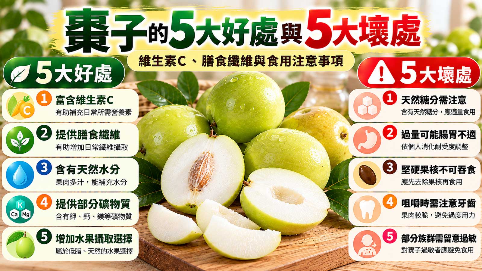 棗子的5大好處與5大壞處及食用注意事項，台灣鮮食蜜棗、淡綠色果皮與白色果肉
