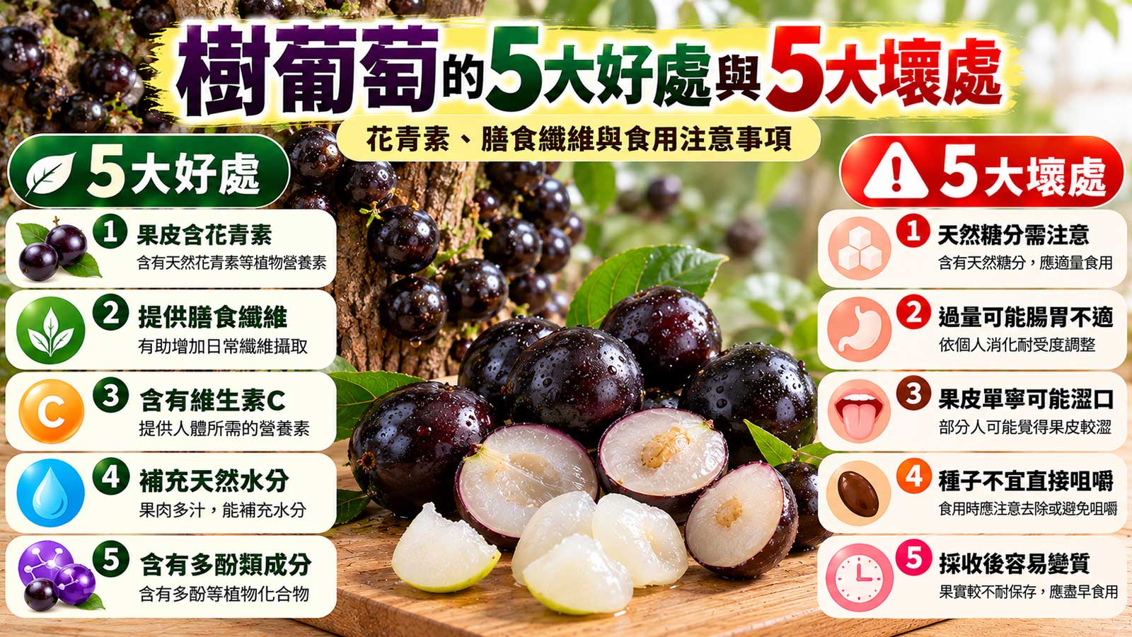 樹葡萄的5大好處與5大壞處及食用注意事項，紫黑色樹葡萄直接生長在樹幹上