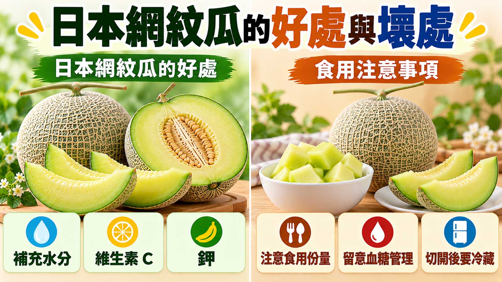 日本網紋瓜的好處與壞處，細密網紋外皮、淡綠色果肉與食用提醒