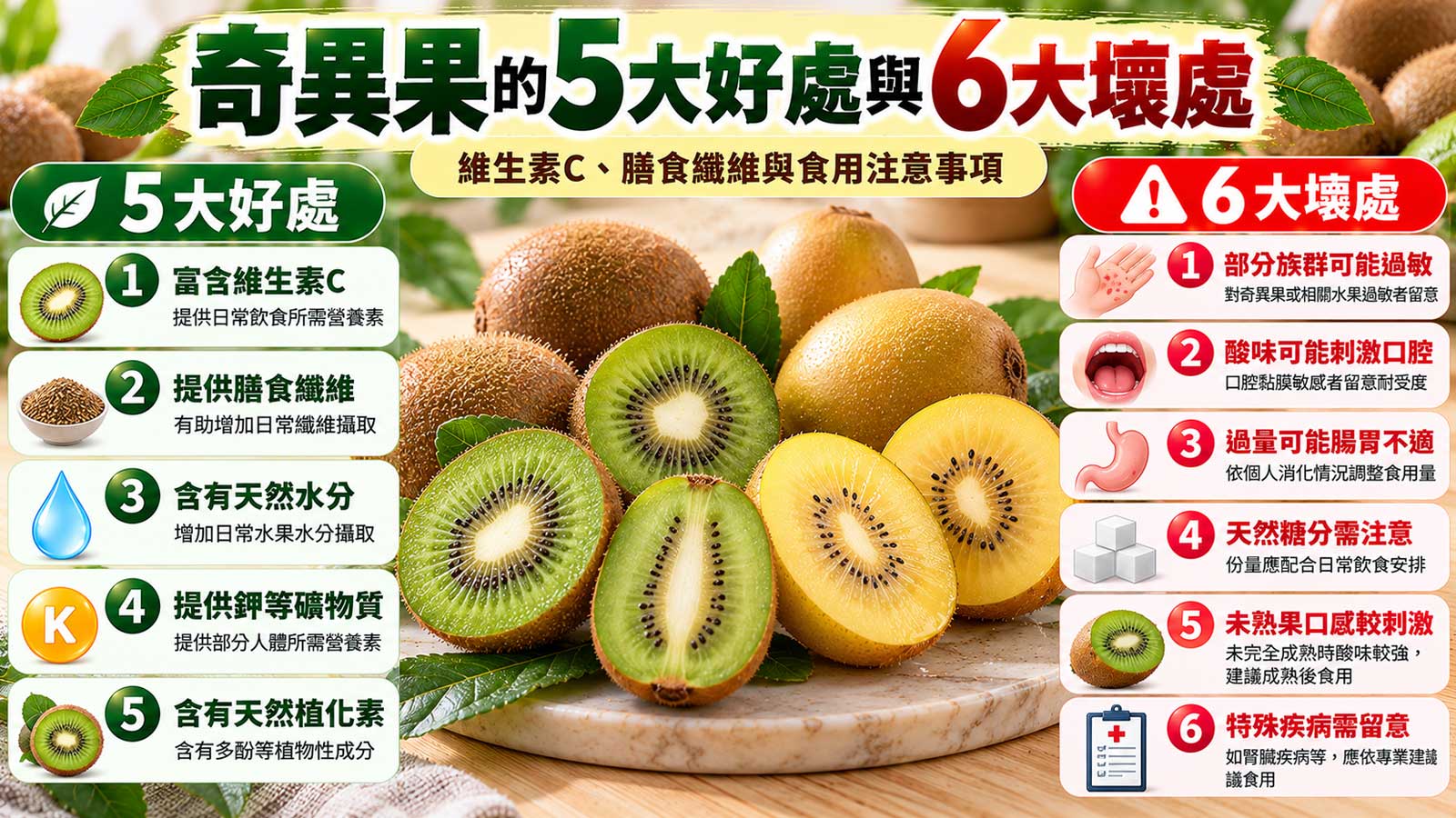 奇異果的5大好處與6大壞處及食用注意事項，綠肉奇異果與黃金奇異果切面