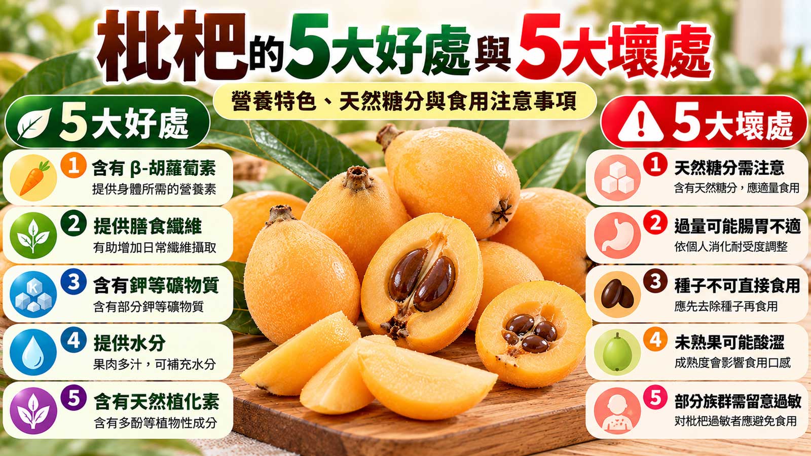 枇杷的5大好處與5大壞處及食用注意事項，金黃色枇杷、淡黃橙色果肉與深褐色種子