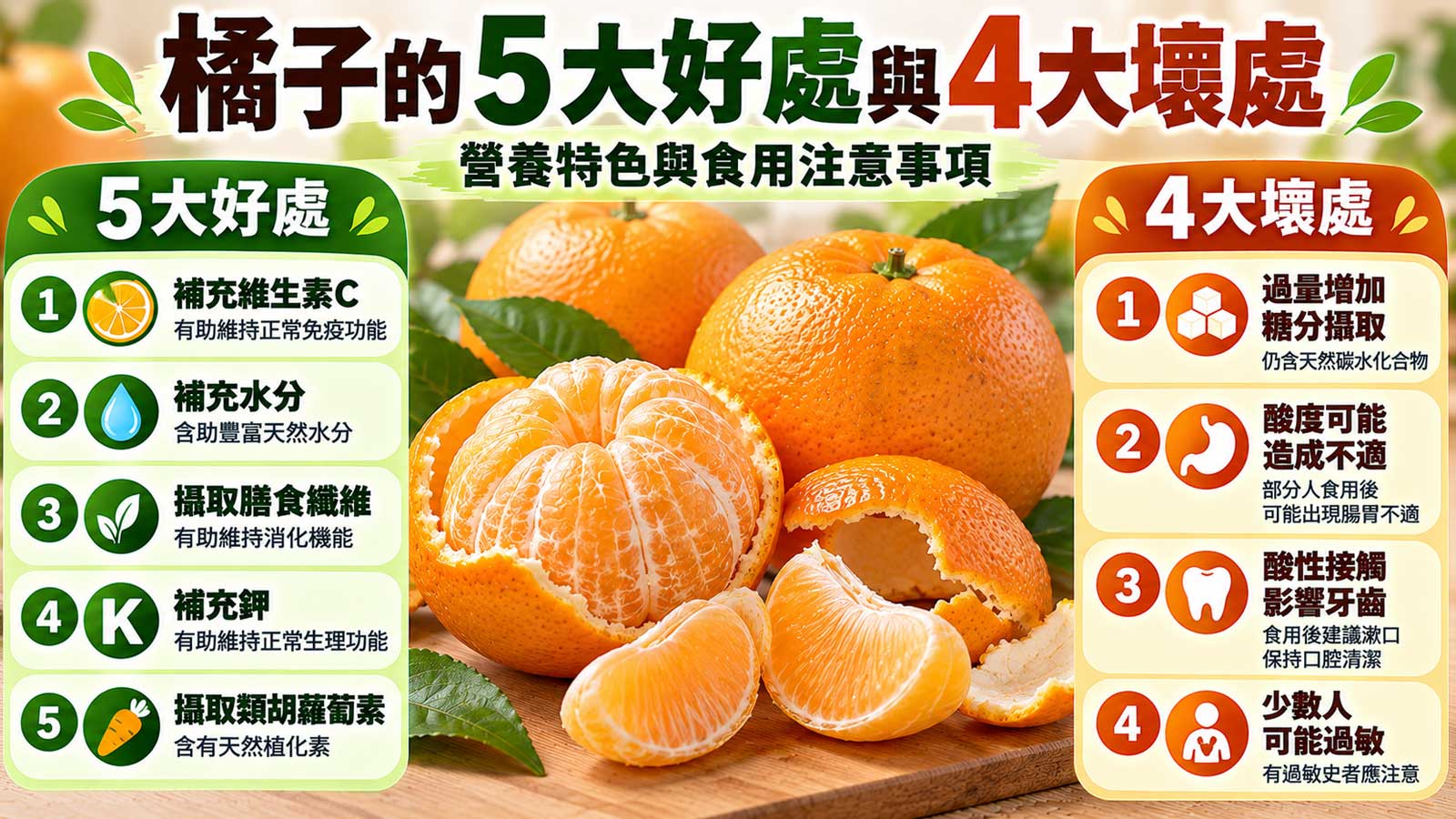 橘子的5大好處與4大壞處及食用注意事項，橘瓣營養與食用風險比較｜北投之家水果買賣平台