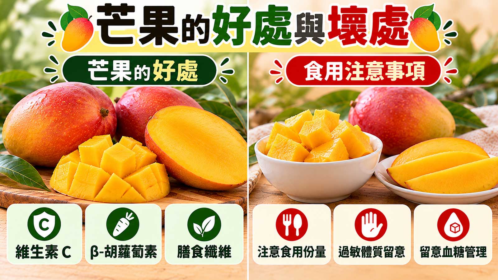 芒果的好處與壞處,紅橘色愛文芒果、金黃色果肉與食用提醒