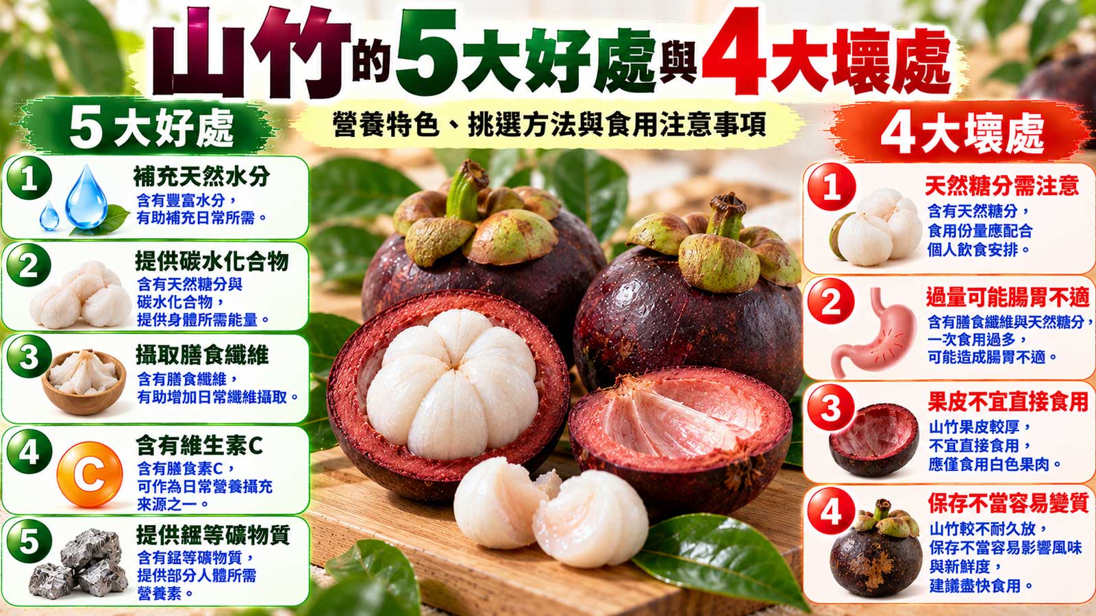 山竹的5大好處與4大壞處及食用注意事項，深紫色山竹與雪白色分瓣果肉