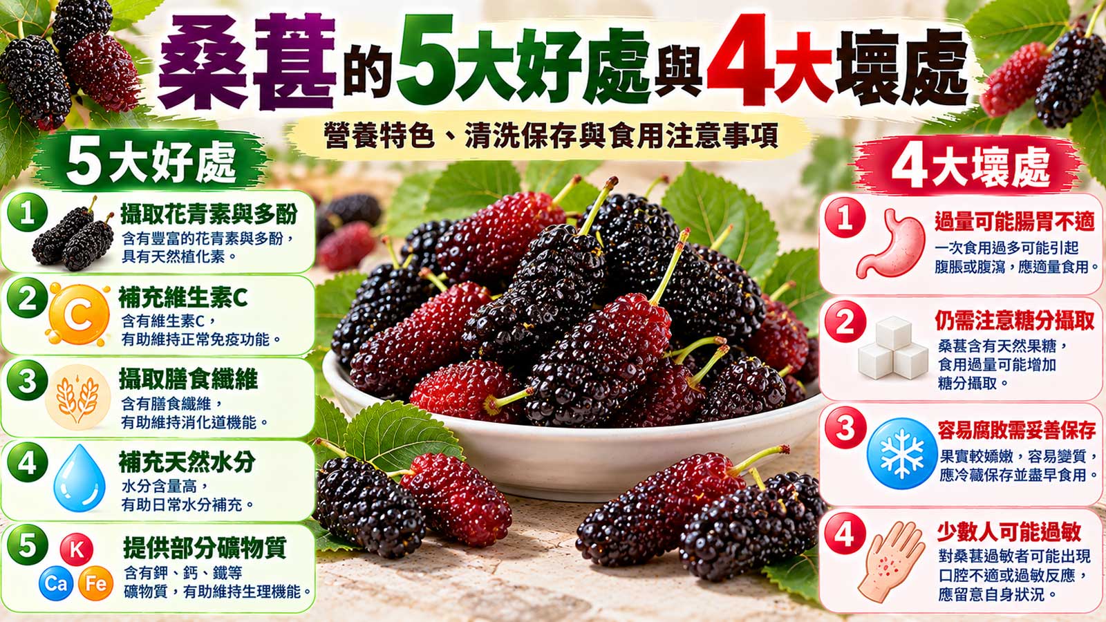 桑葚的5大好處與4大壞處及食用注意事項，紫黑色桑葚營養與食用風險