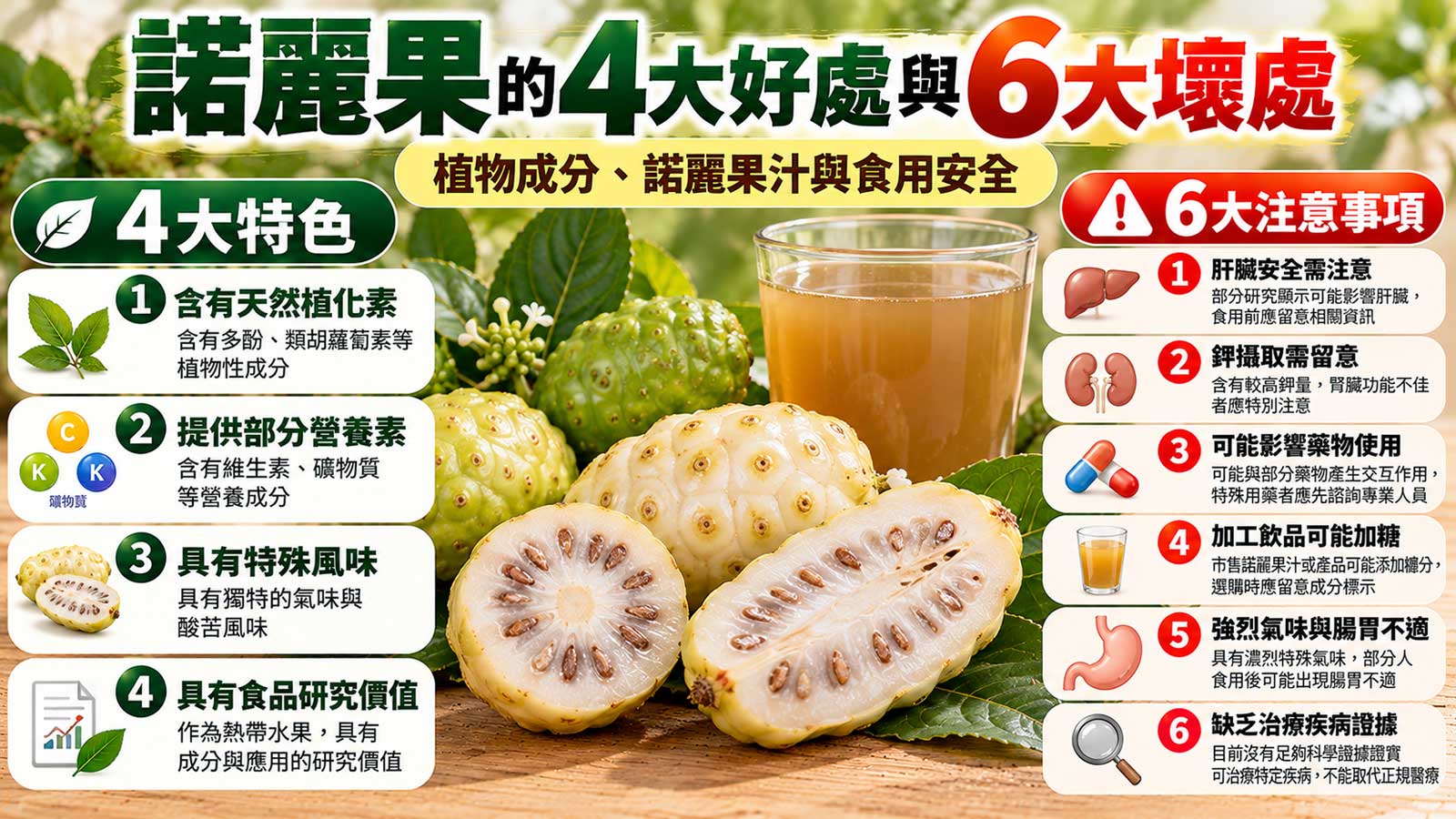 諾麗果的4大好處與6大壞處及食用注意事項，綠色與黃白色諾麗果及諾麗果汁