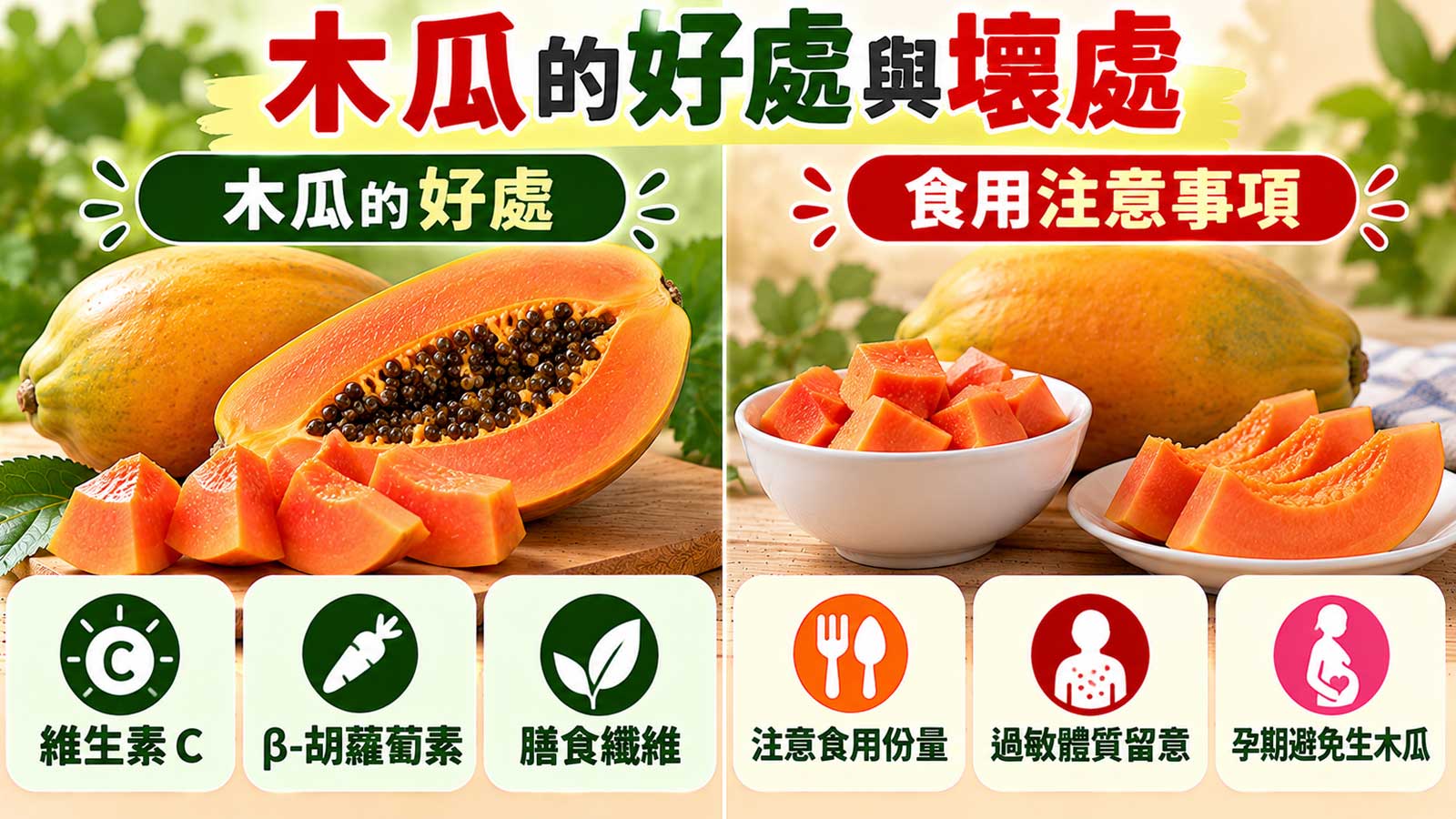 木瓜的好處與壞處，黃橘色果皮、橘紅果肉與營養及食用提醒