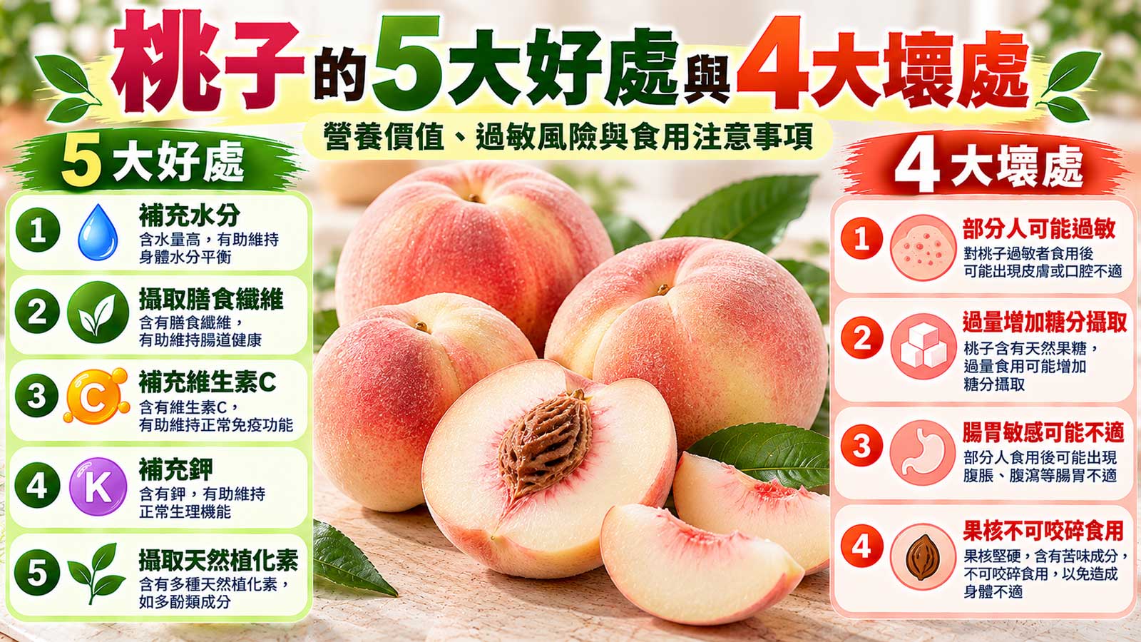 桃子的5大好處與4大壞處，白肉水蜜桃營養、過敏風險與食用注意事項