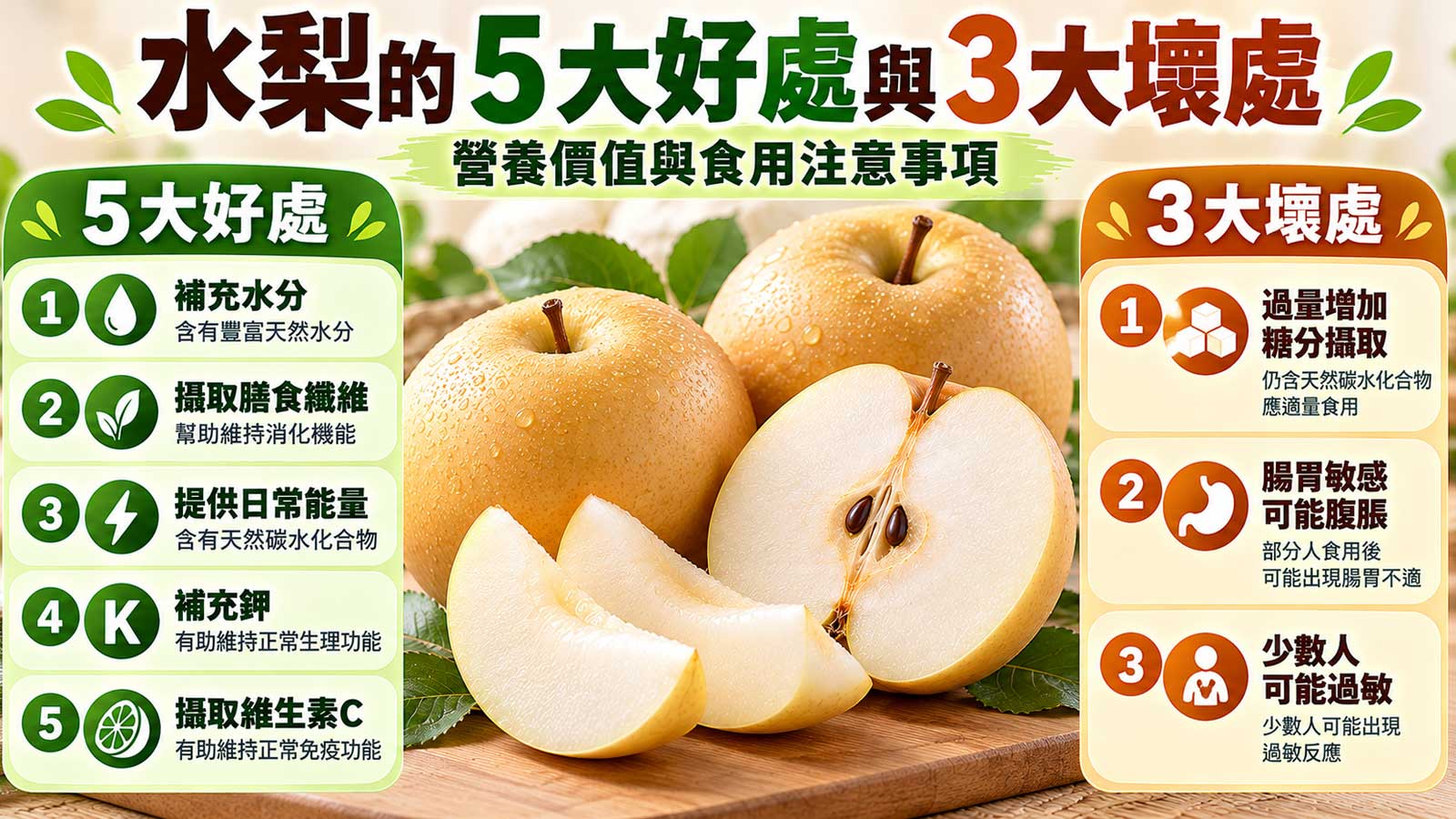 水梨的5大好處與3大壞處及食用注意事項，水梨營養與風險比較｜北投之家水果買賣平台