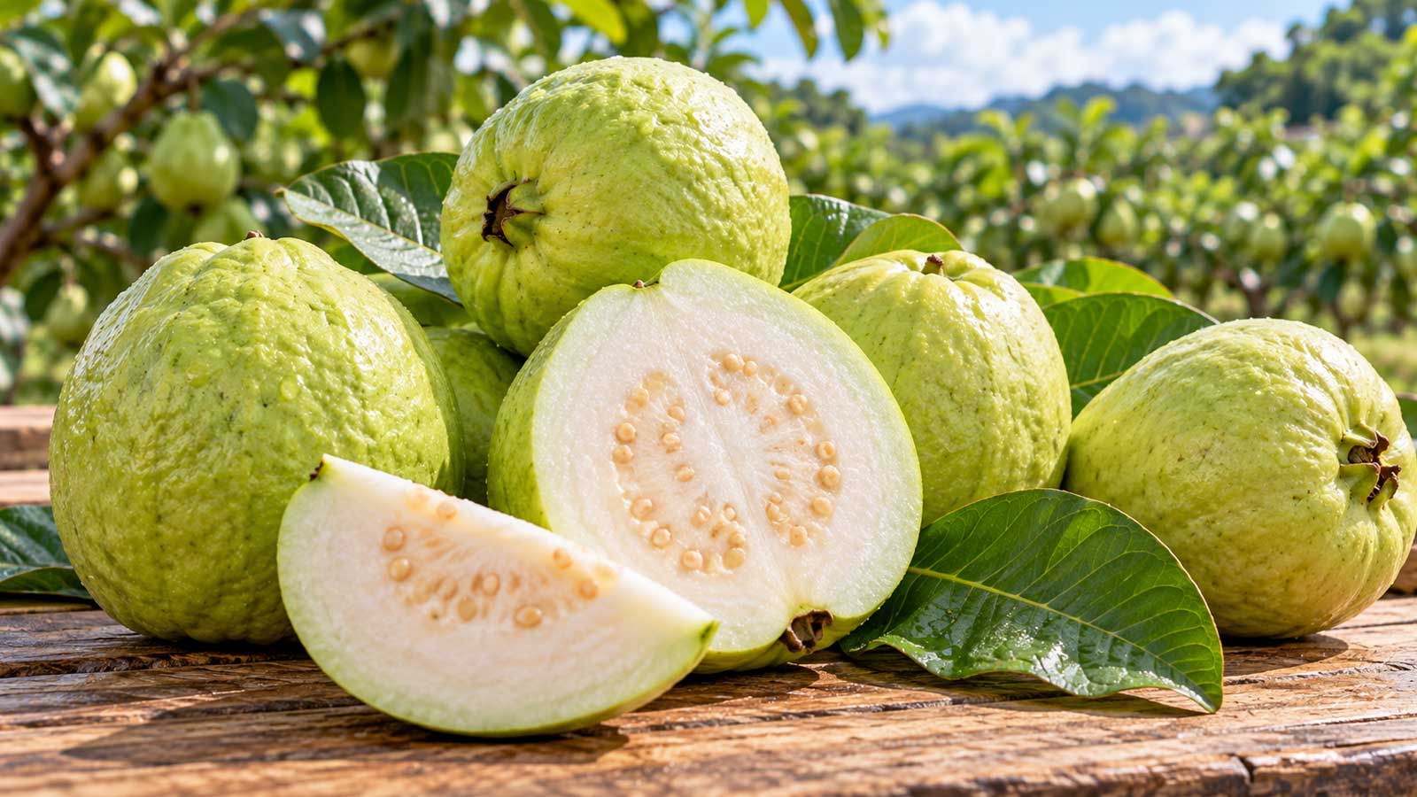果園木桌上的珍珠芭樂完整果與白色果肉切面