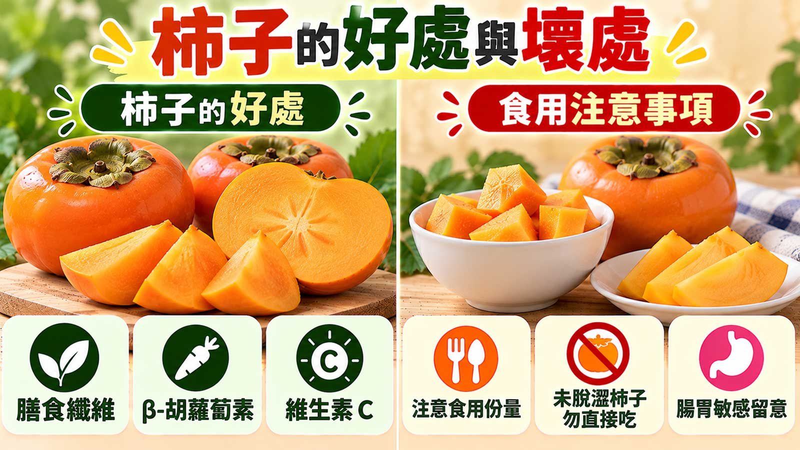 柿子的好處與壞處,橙色甜柿、切片與纖維、β-胡蘿蔔素及食用提醒