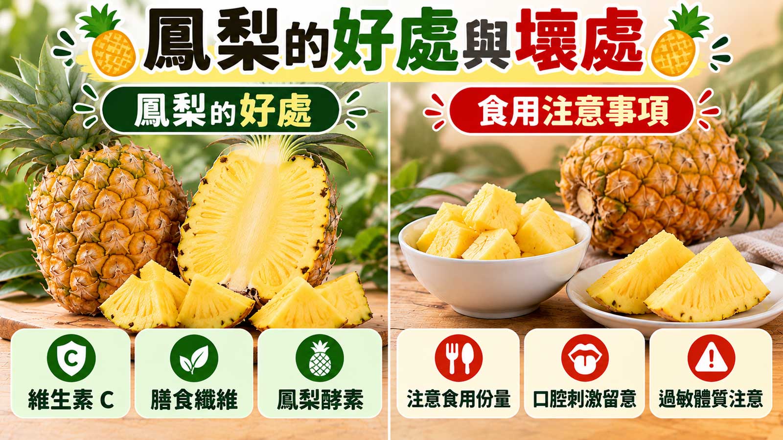 鳳梨的好處與壞處,新鮮鳳梨、黃色果肉與份量及口腔刺激提醒