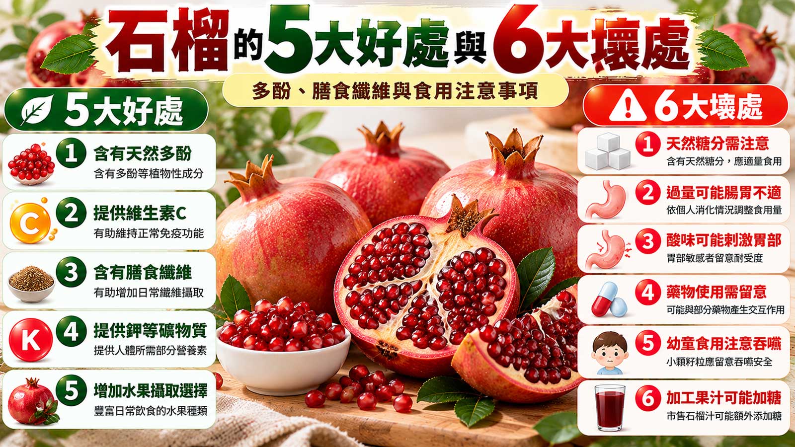 石榴的5大好處與6大壞處及食用注意事項，紅色石榴、皇冠狀花萼與晶瑩籽粒