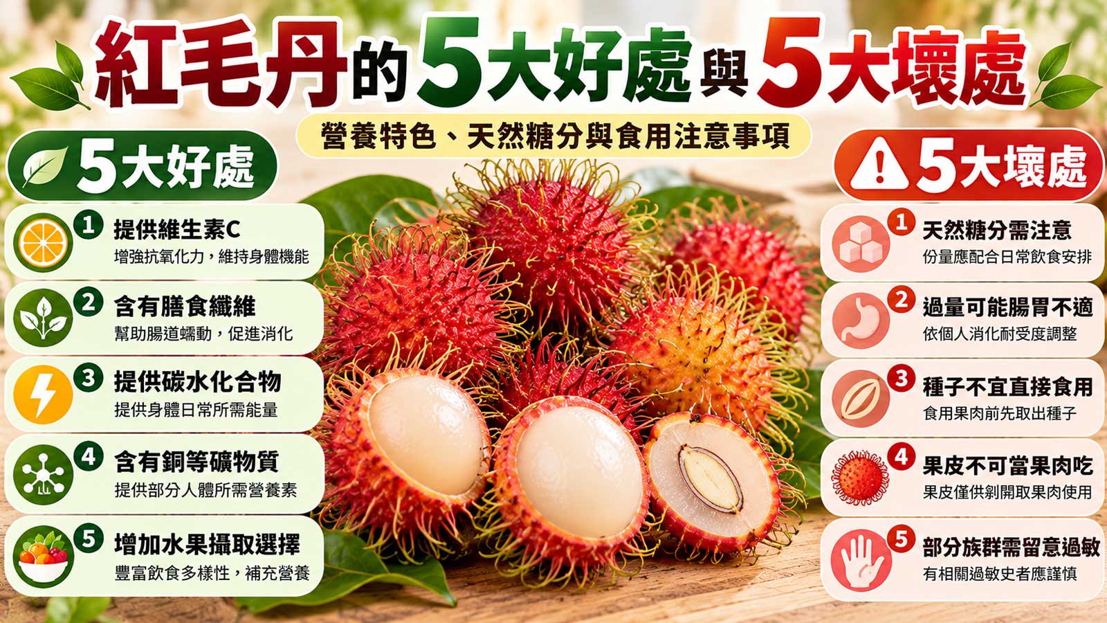 紅毛丹的5大好處與5大壞處及食用注意事項，紅色毛狀果皮與白色半透明果肉