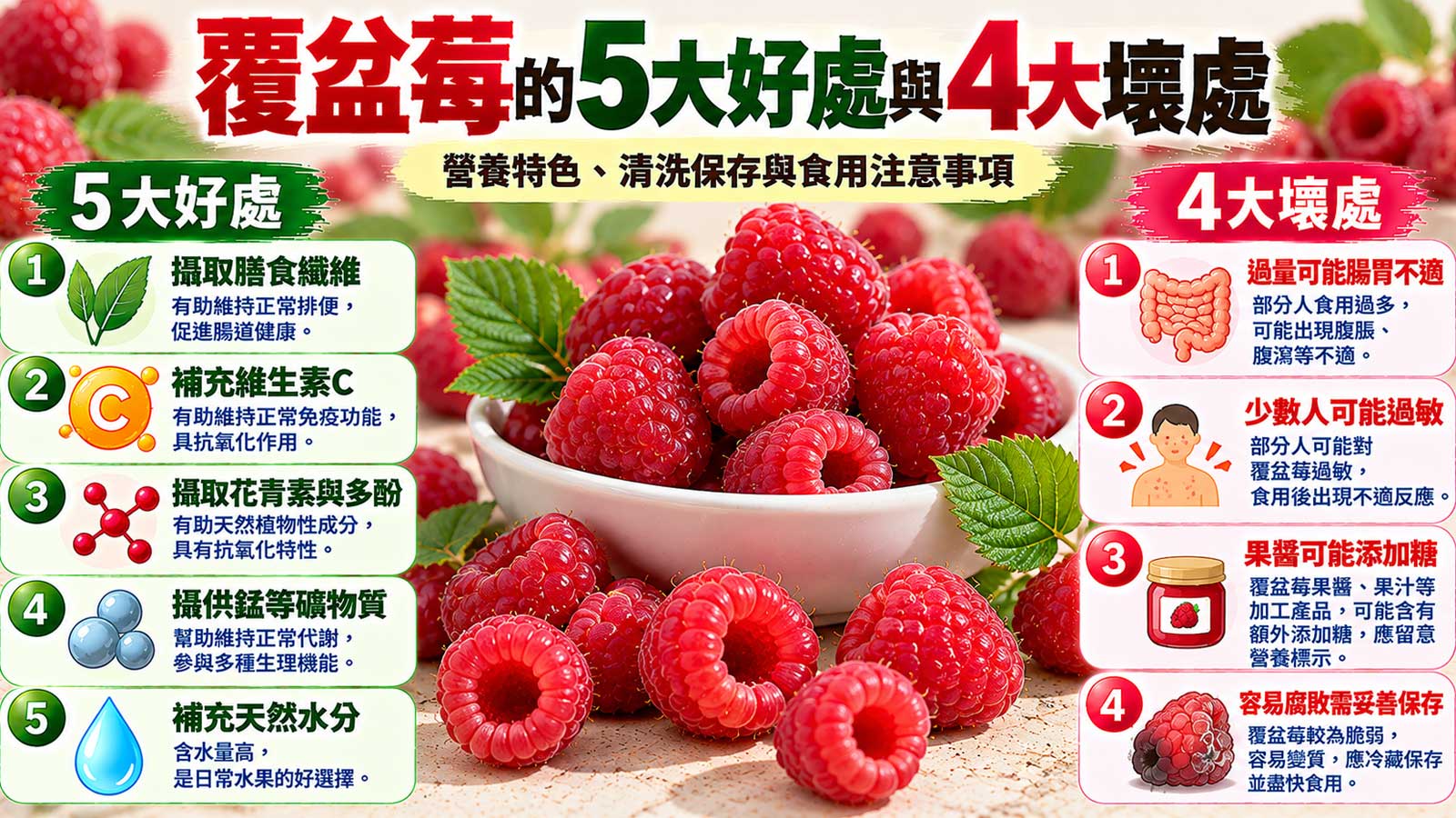 覆盆莓的5大好處與4大壞處及食用注意事項,紅色覆盆莓營養與食用風險