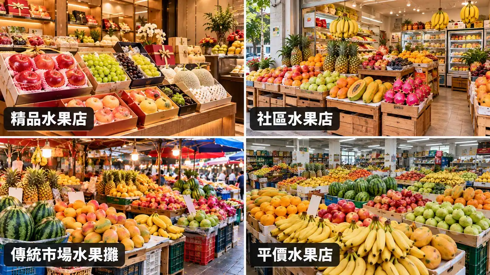 精品水果店、社區水果店、傳統市場水果攤與平價水果店的四種採買環境示意