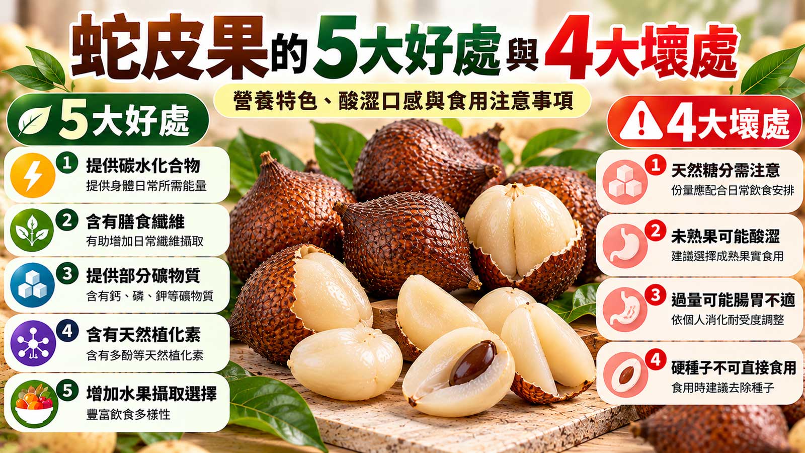 蛇皮果的5大好處與4大壞處及食用注意事項，紅褐色鱗片果皮與乳白色分瓣果肉