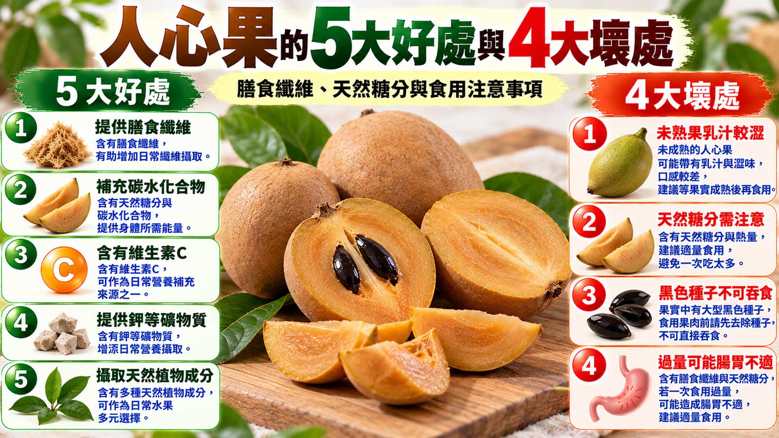 人心果的5大好處與4大壞處及食用注意事項，棕褐色人心果與焦糖色果肉
