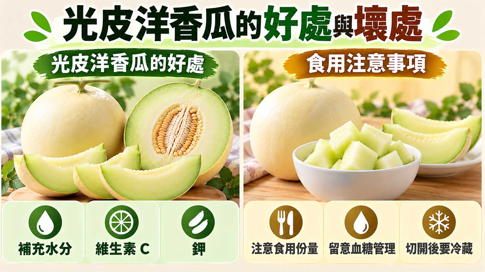光皮洋香瓜的好處與壞處，乳白光滑外皮、淡綠白色果肉與食用提醒
