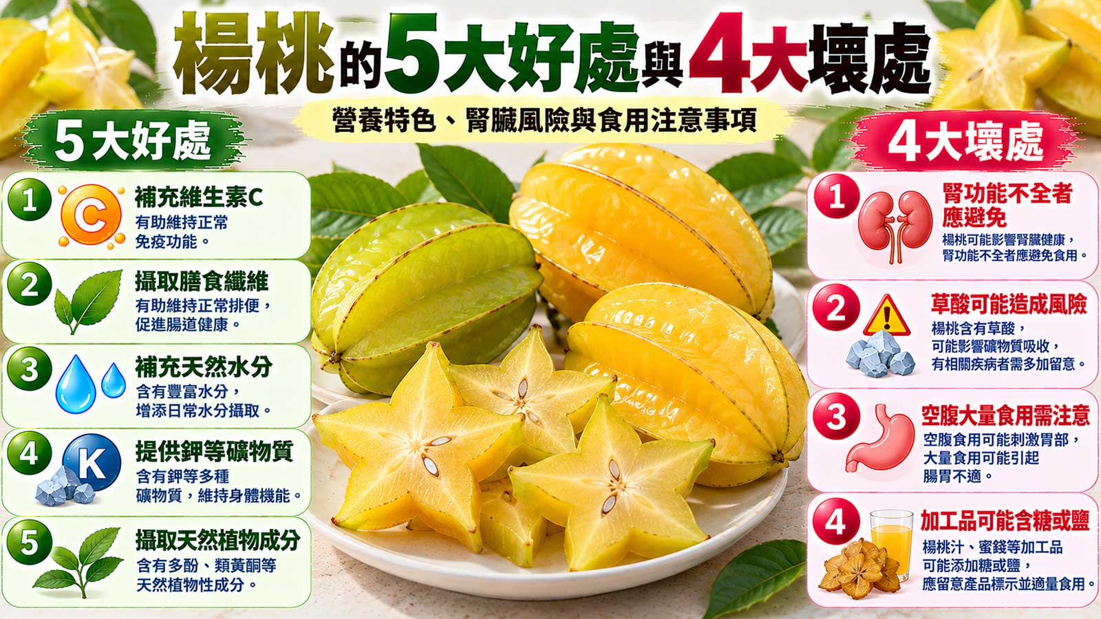 楊桃的5大好處與4大壞處及食用注意事項，金黃色楊桃營養與腎臟風險