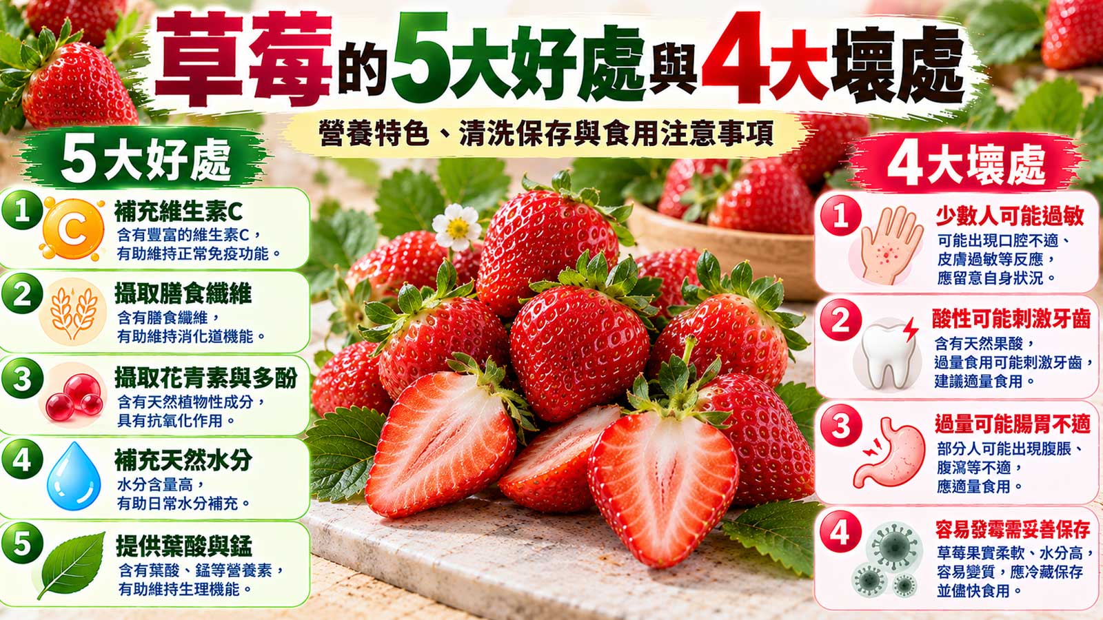 草莓的5大好處與4大壞處及食用注意事項，台灣新鮮紅草莓營養與食用風險