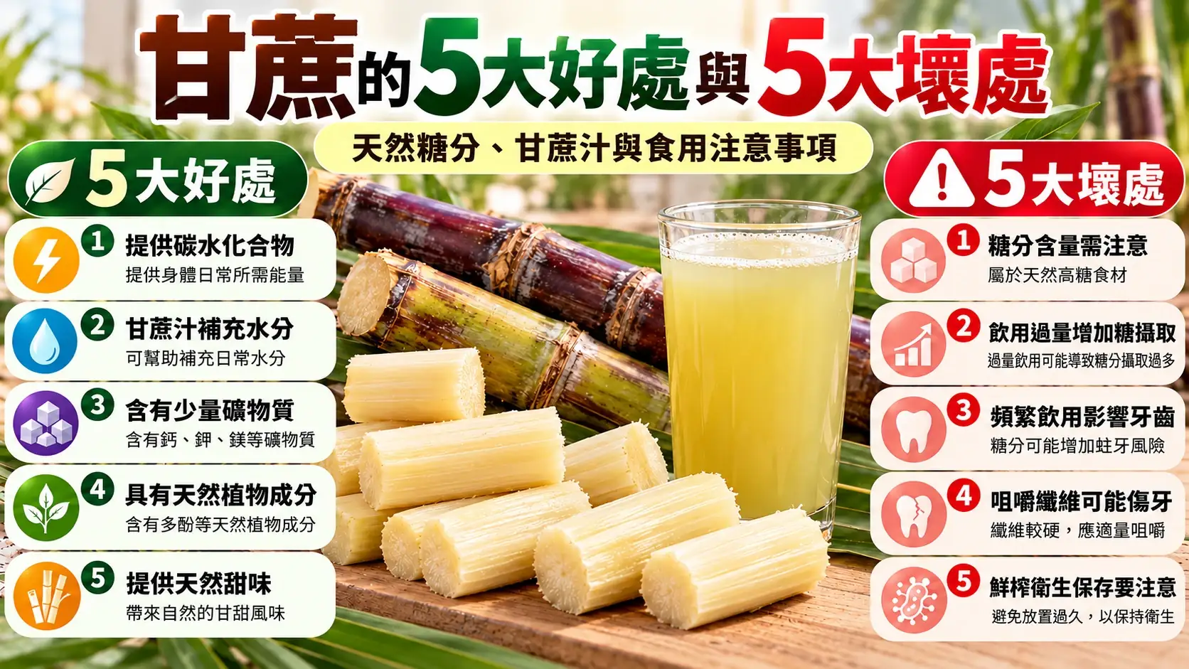 甘蔗的5大好處與5大壞處及食用注意事項，紫褐色甘蔗、乳白色纖維莖肉與甘蔗汁