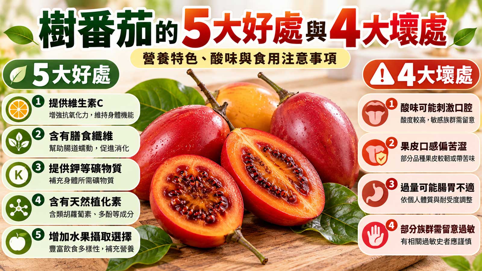 樹番茄的5大好處與4大壞處及食用注意事項，紅色樹番茄與橙紅色果肉切面