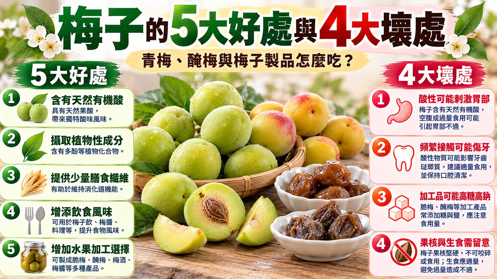 梅子的5大好處與4大壞處，新鮮青梅、醃梅與加工梅子食用注意事項