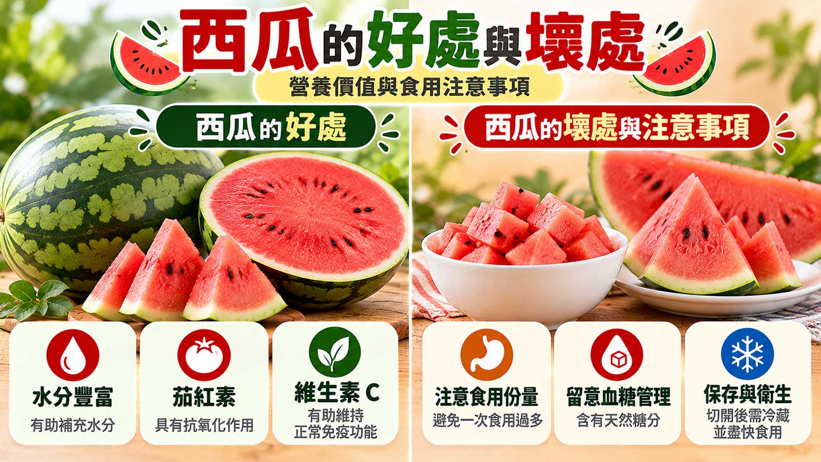西瓜的好處與壞處，紅肉西瓜及水分、茄紅素、維生素C與食用提醒